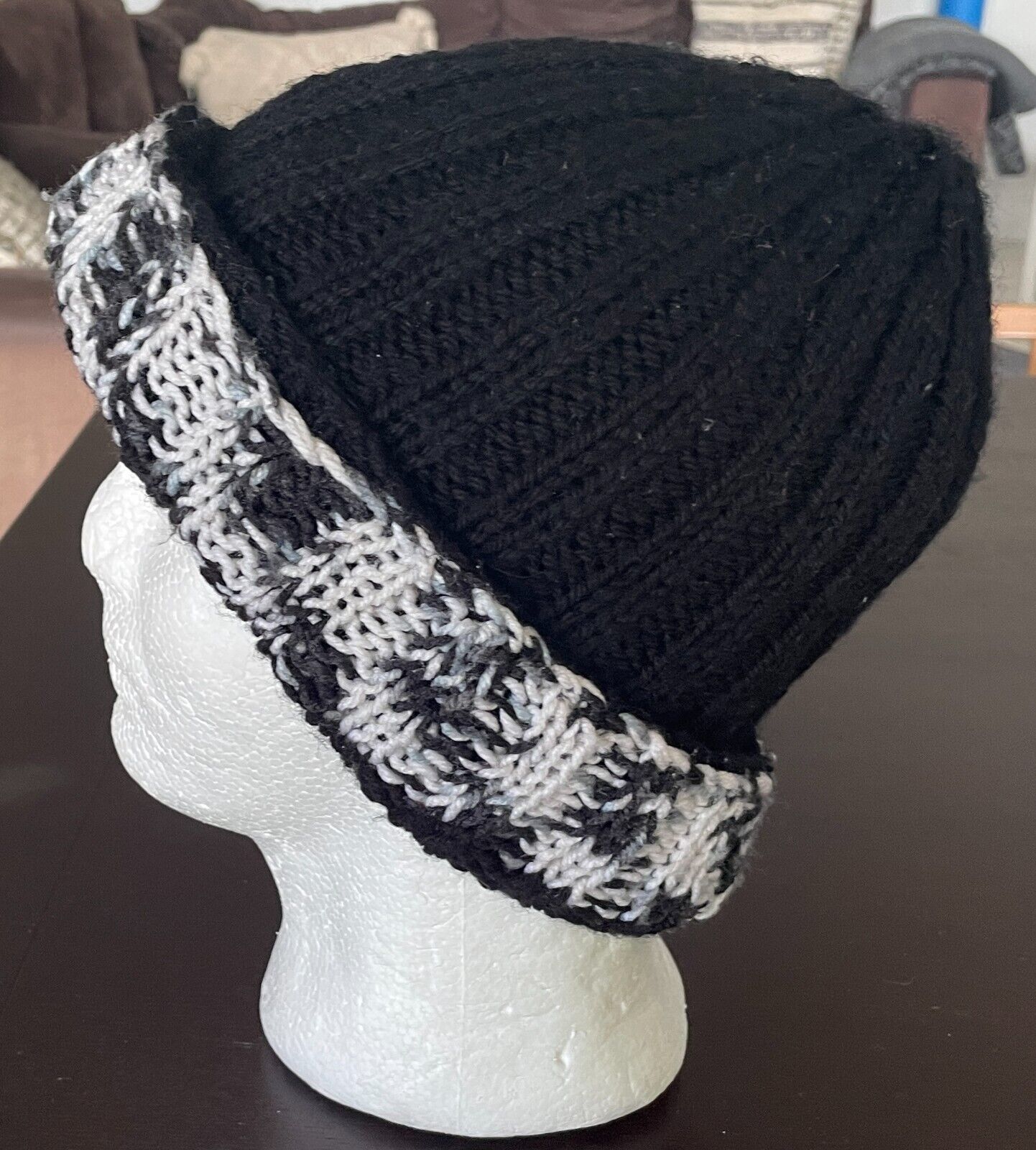 Beanie Chunky Knit White Grey Black Reversible Warm and Cosy One Size Hat Cap