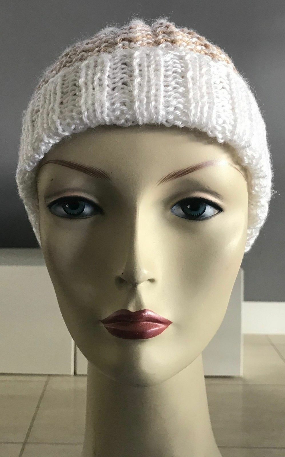 Chunky Knit Beanie Cap Handmade Caramel White Wool Cuff Hem Hat Lightweight