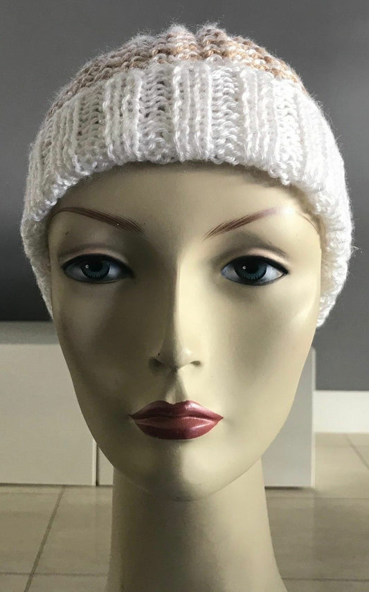 Chunky Knit Beanie Cap Handmade Caramel White Wool Cuff Hem Hat Lightweight