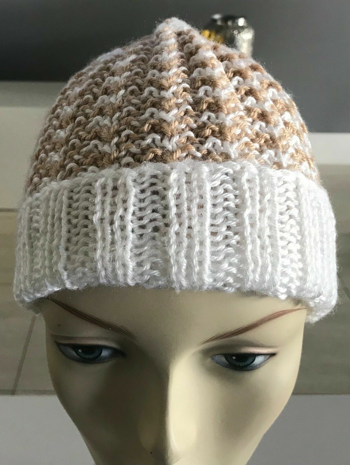 Chunky Knit Beanie Cap Handmade Caramel White Wool Cuff Hem Hat Lightweight