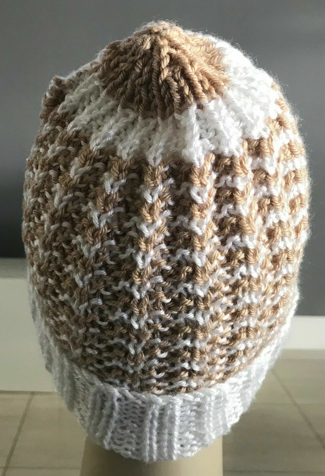 Chunky Knit Beanie Cap Handmade Caramel White Wool Cuff Hem Hat Lightweight