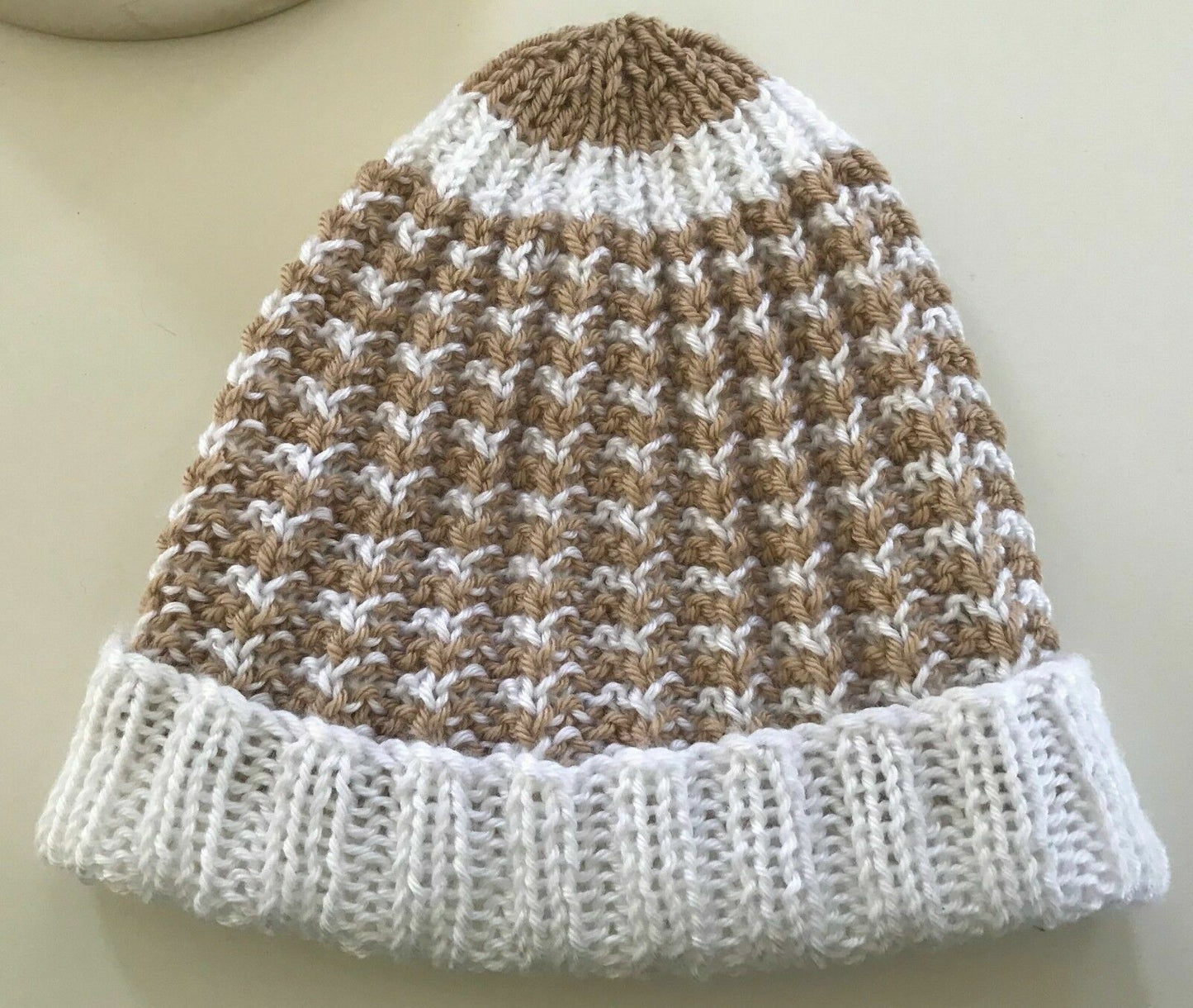 Chunky Knit Beanie Cap Handmade Caramel White Wool Cuff Hem Hat Lightweight