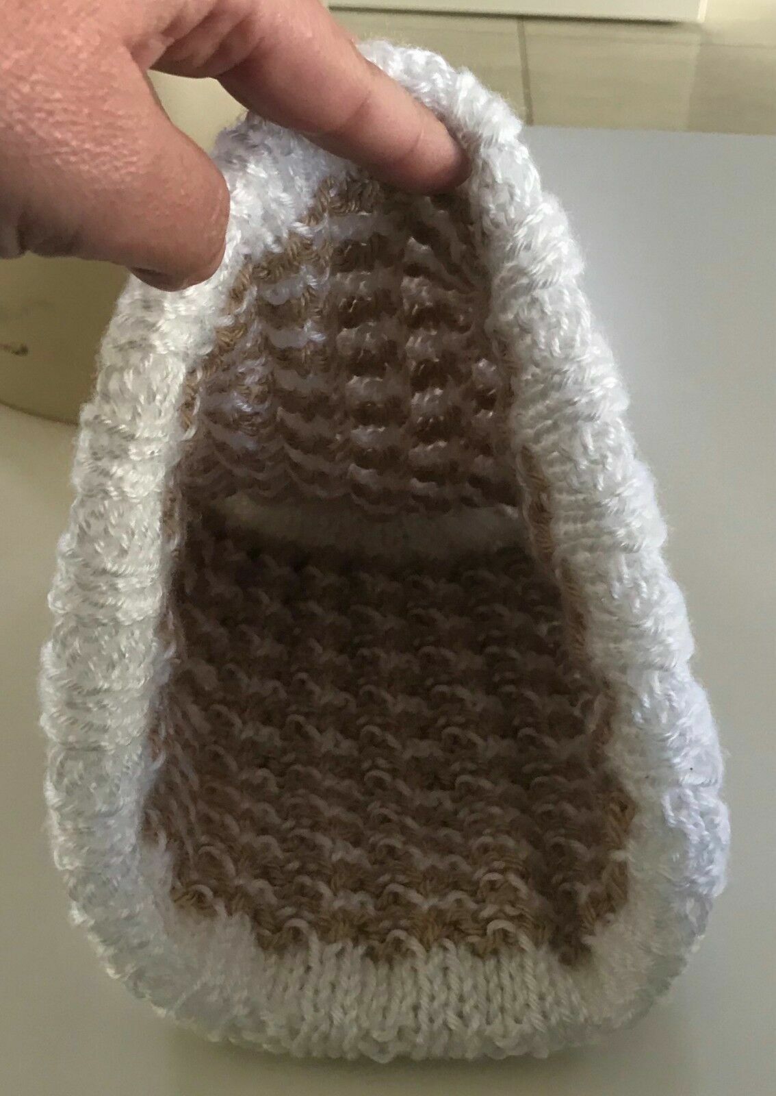 Chunky Knit Beanie Cap Handmade Caramel White Wool Cuff Hem Hat Lightweight