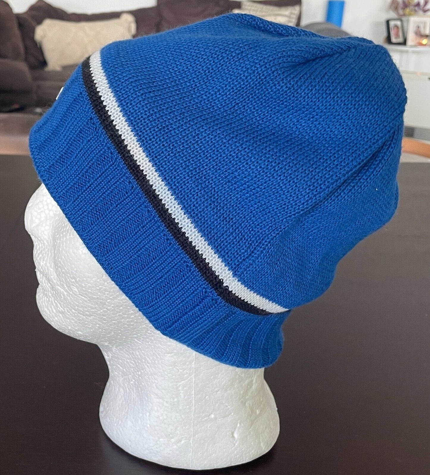 Mens Blue Knit MM BEANIE Black and White Trim Acrylic One Size Cap Hat