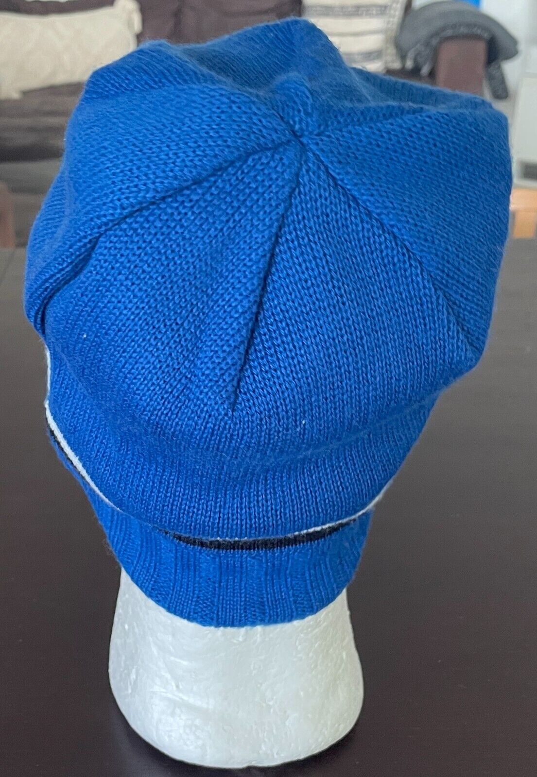 Mens Blue Knit MM BEANIE Black and White Trim Acrylic One Size Cap Hat