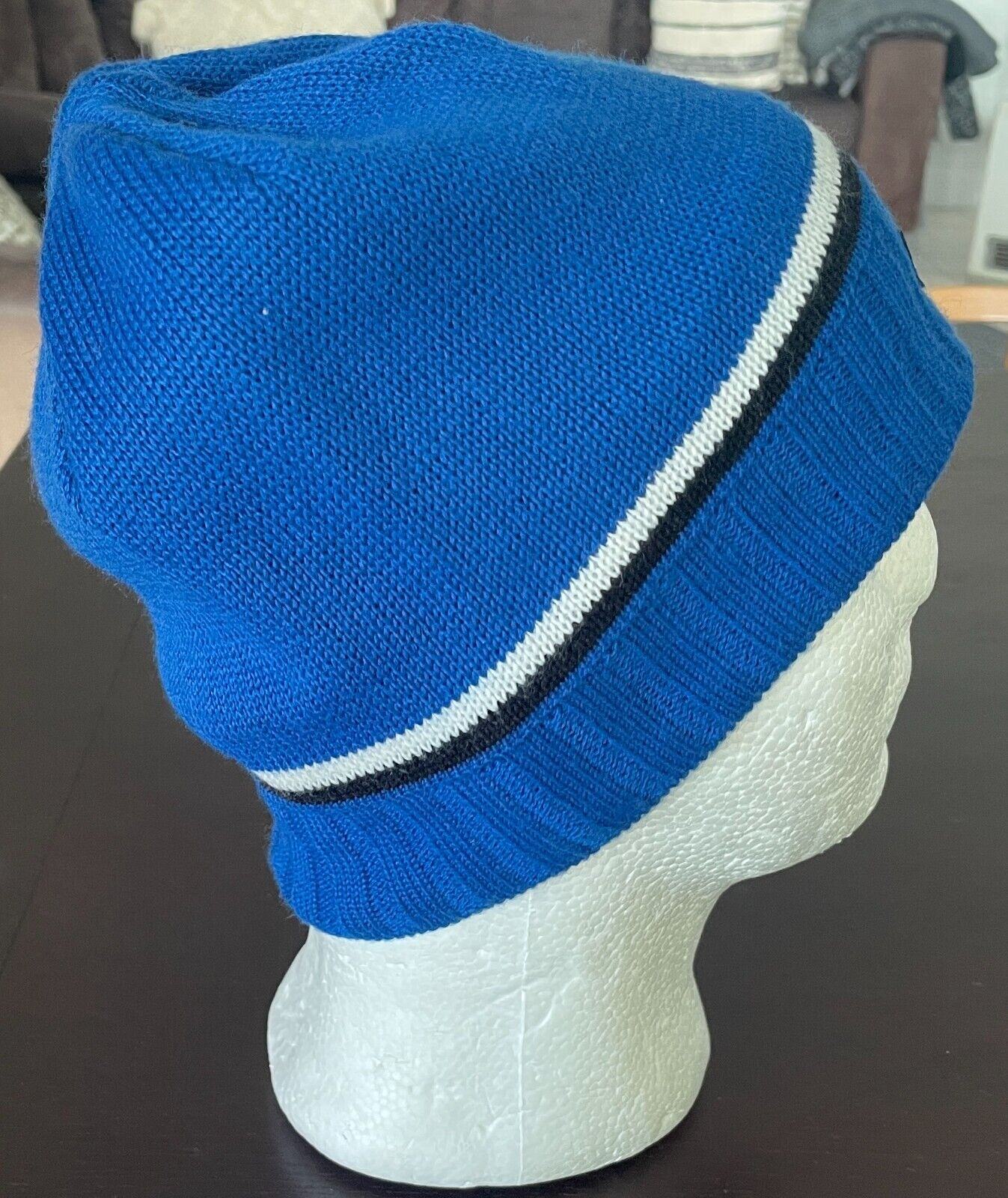 Mens Blue Knit MM BEANIE Black and White Trim Acrylic One Size Cap Hat