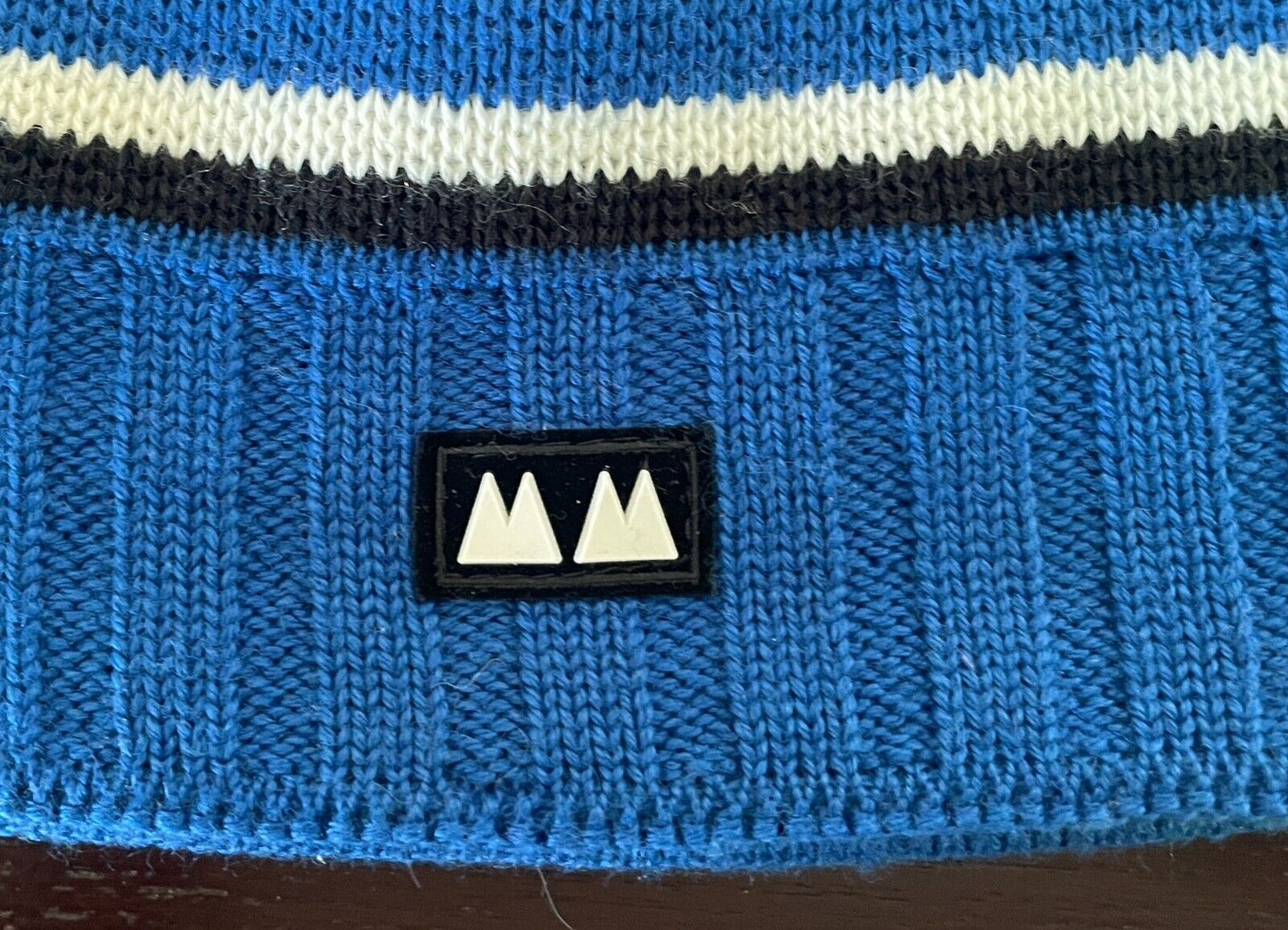 Mens Blue Knit MM BEANIE Black and White Trim Acrylic One Size Cap Hat