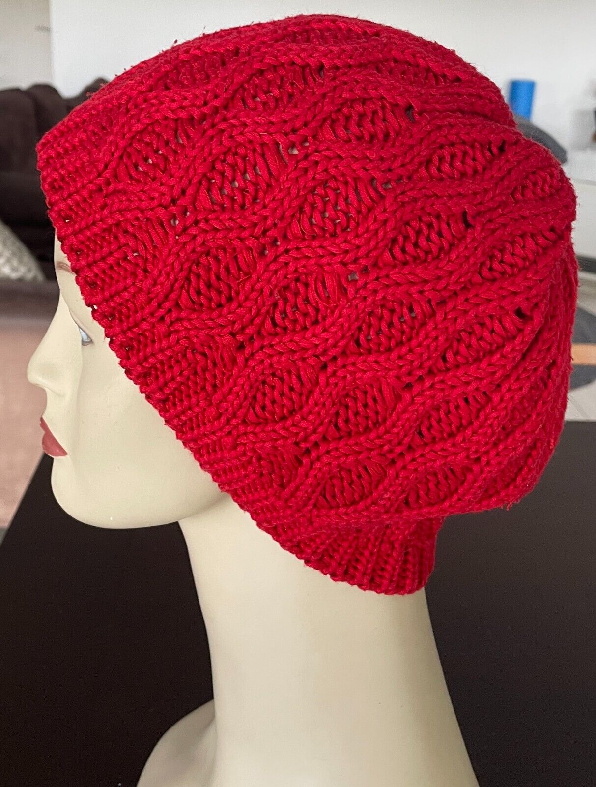 SPORTSGIRL Beanie Red Chunky Decorative Stitch One Size Stretch Hat Cap