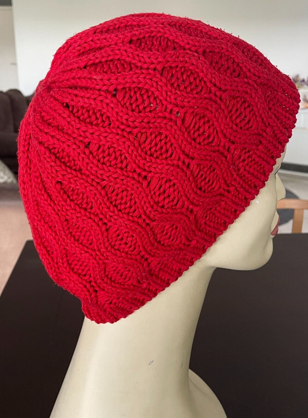 SPORTSGIRL Beanie Red Chunky Decorative Stitch One Size Stretch Hat Cap