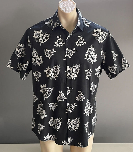 Mens JOHNNY BIGG Shirt Black White Floral Print Mens Plus Size XL Short Sleeves