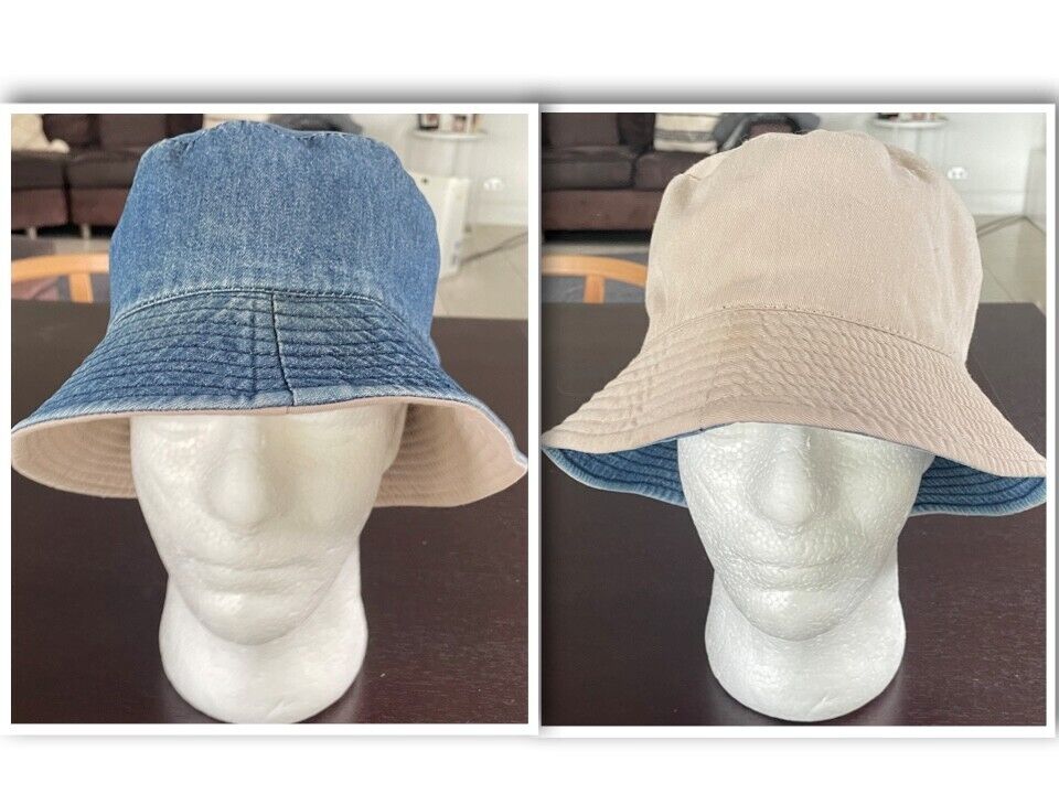 Unisex Bucket Hat Reversible - Blue Denim and Beige Cotton One Size