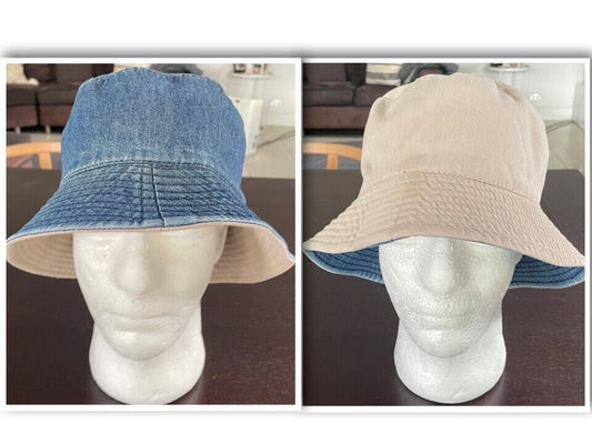 Unisex Bucket Hat Reversible - Blue Denim and Beige Cotton One Size