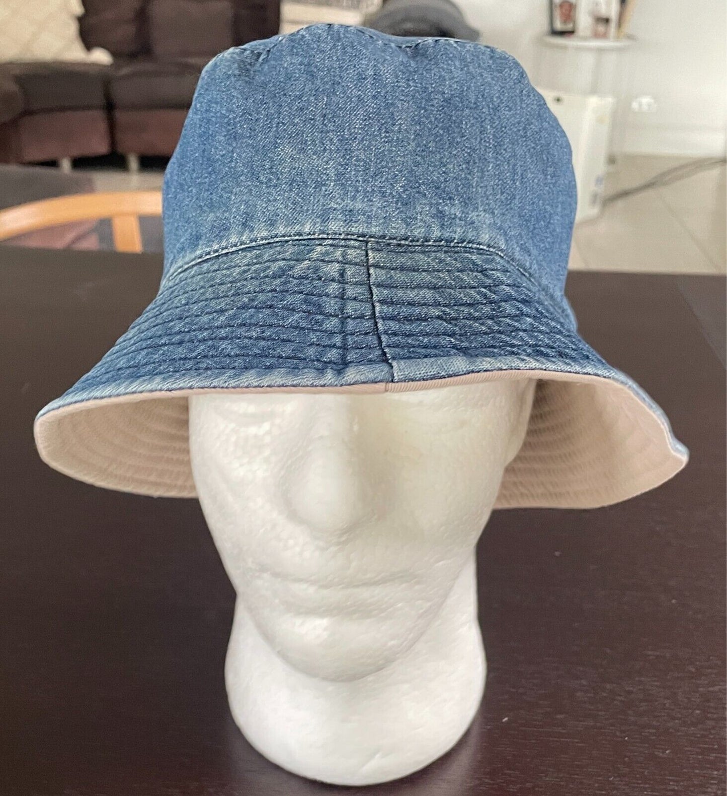 Unisex Bucket Hat Reversible - Blue Denim and Beige Cotton One Size