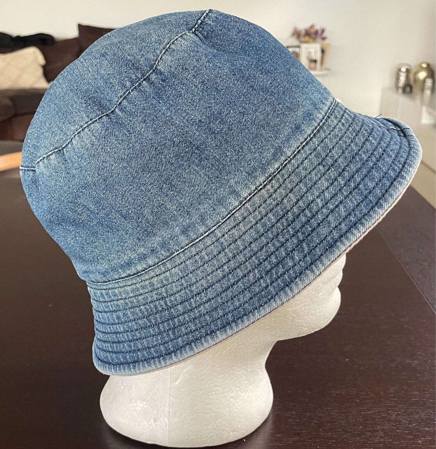 Unisex Bucket Hat Reversible - Blue Denim and Beige Cotton One Size