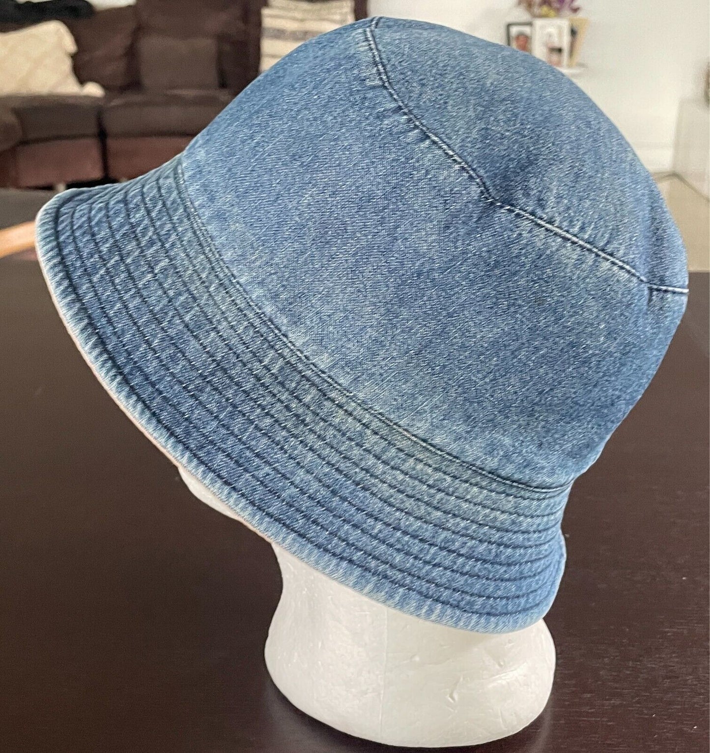 Unisex Bucket Hat Reversible - Blue Denim and Beige Cotton One Size