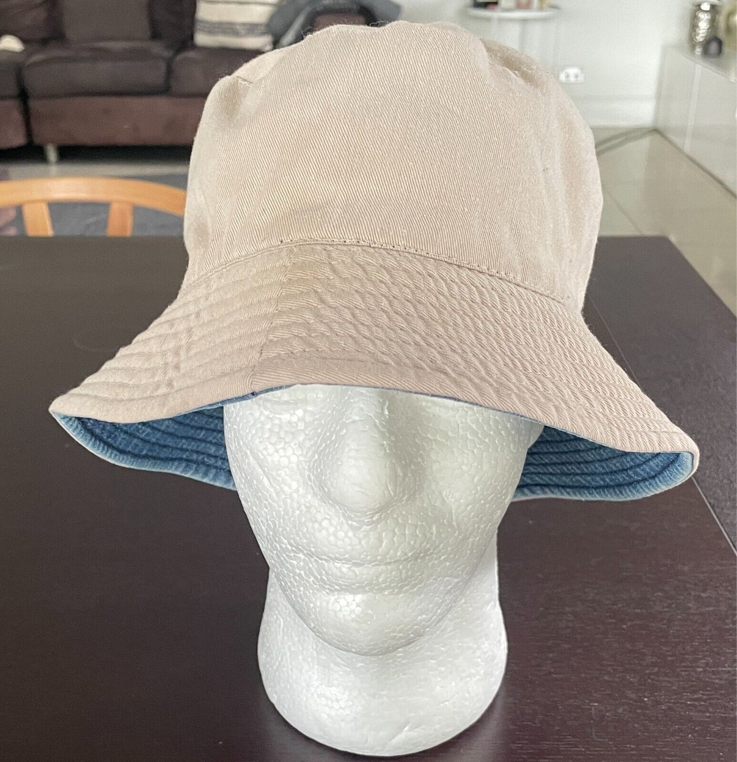 Unisex Bucket Hat Reversible - Blue Denim and Beige Cotton One Size
