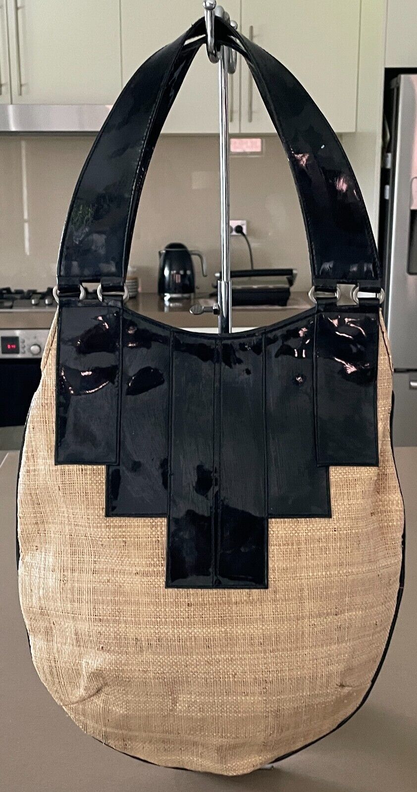 VACHETTA Hessian Look & Patent Pleather Shoulder Bag Tote Shopper - Unique!