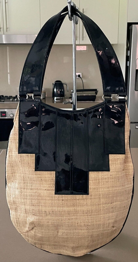 VACHETTA Hessian Look & Patent Pleather Shoulder Bag Tote Shopper - Unique!
