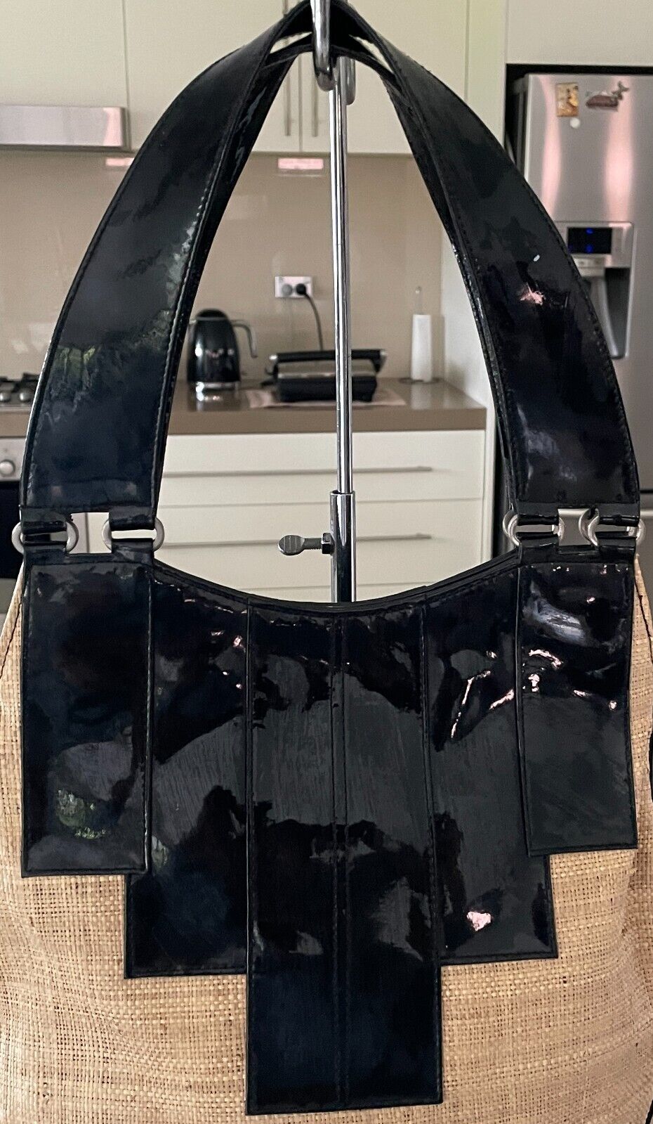 VACHETTA Hessian Look & Patent Pleather Shoulder Bag Tote Shopper - Unique!