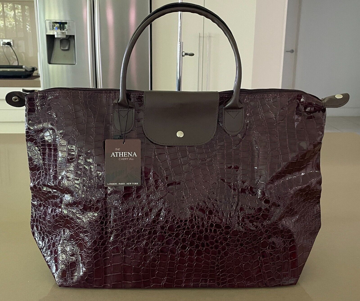 THE ATHENA CARRY ALL Folding Shopping Bag Patent Aubergine Croc Pleather NEW