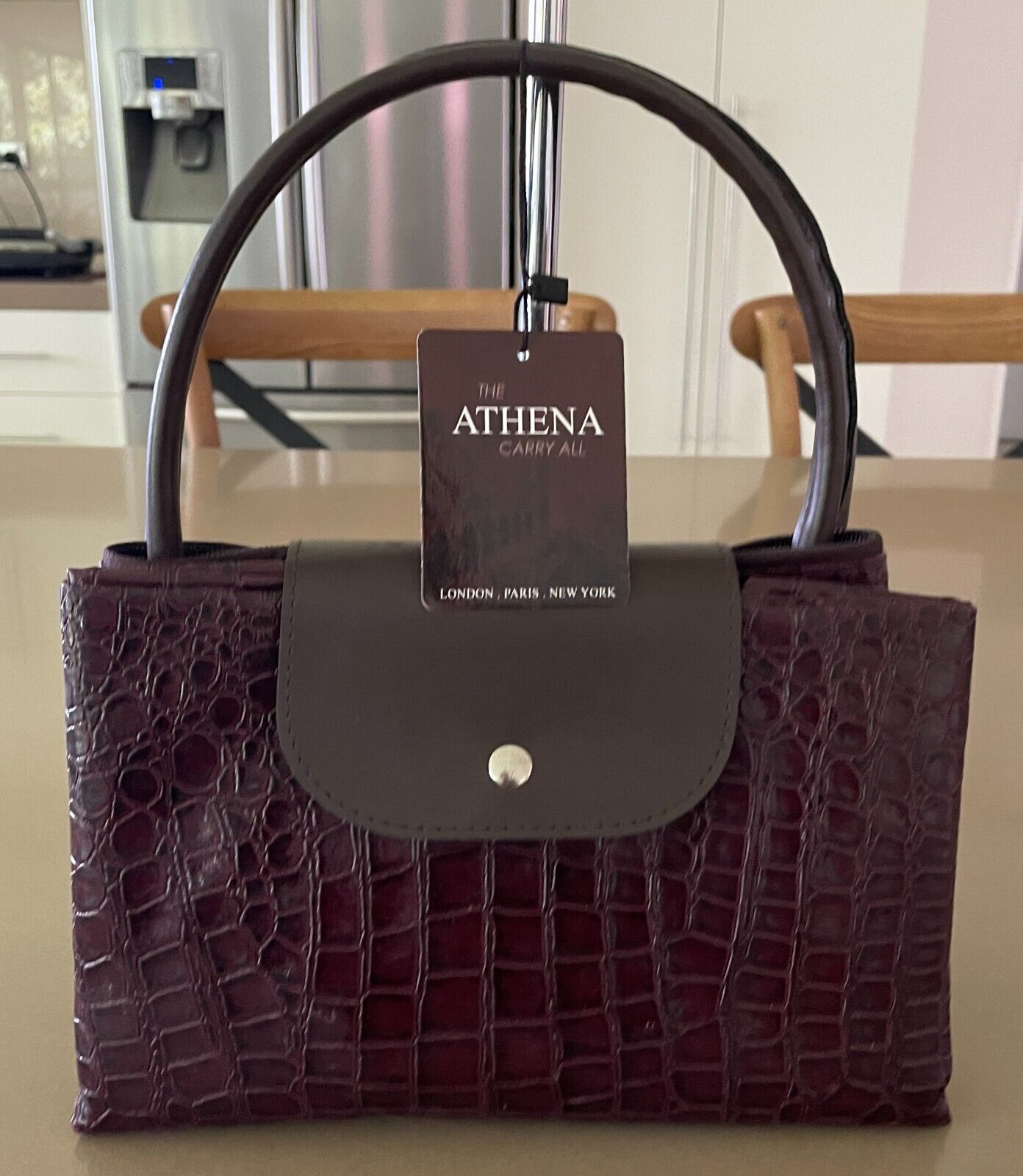 THE ATHENA CARRY ALL Folding Shopping Bag Patent Aubergine Croc Pleather NEW