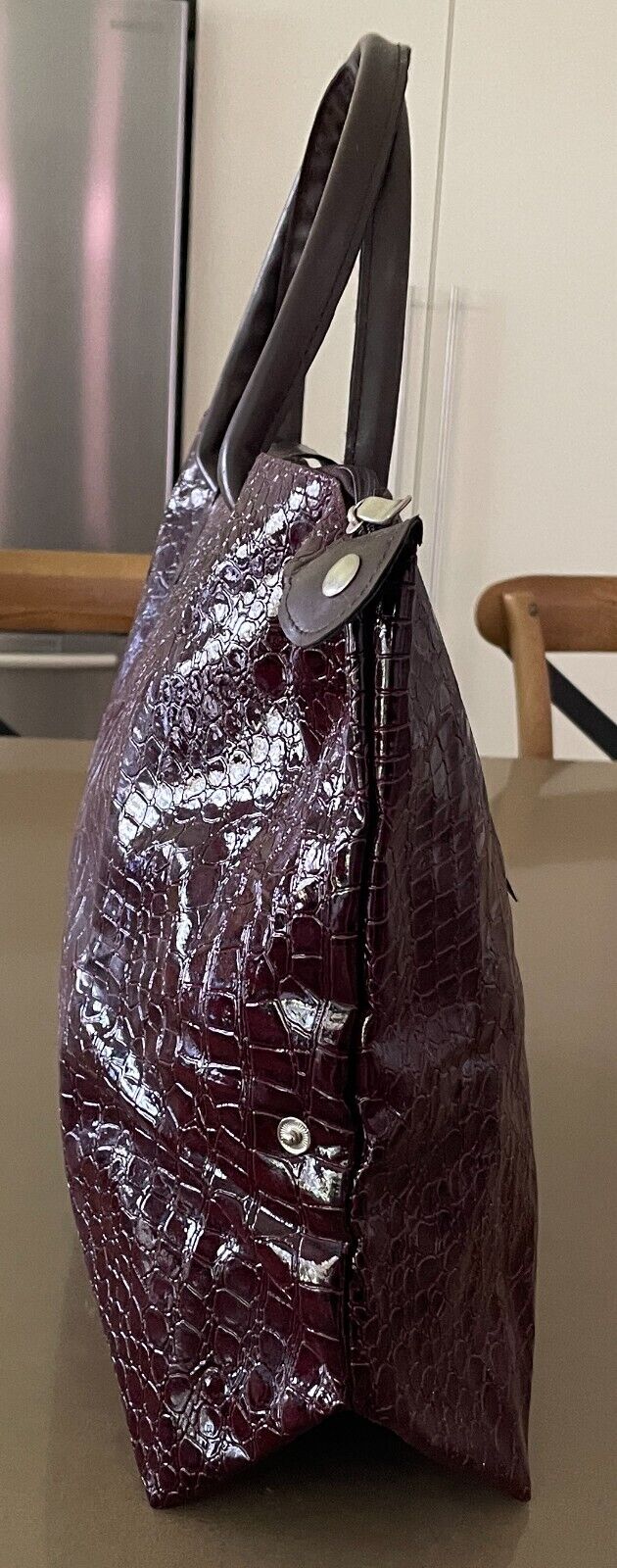 THE ATHENA CARRY ALL Folding Shopping Bag Patent Aubergine Croc Pleather NEW