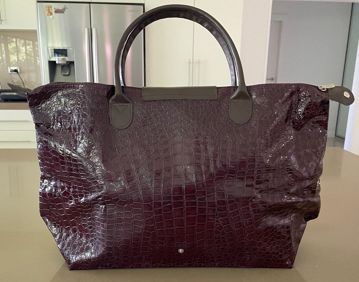 THE ATHENA CARRY ALL Folding Shopping Bag Patent Aubergine Croc Pleather NEW