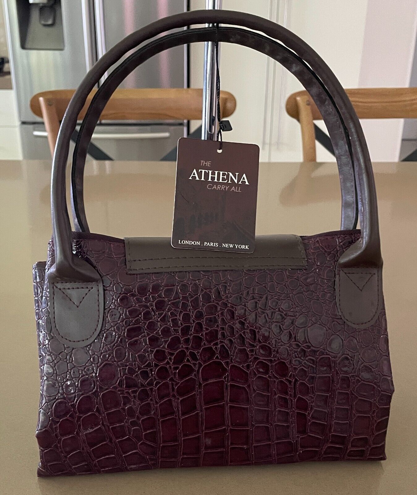 THE ATHENA CARRY ALL Folding Shopping Bag Patent Aubergine Croc Pleather NEW