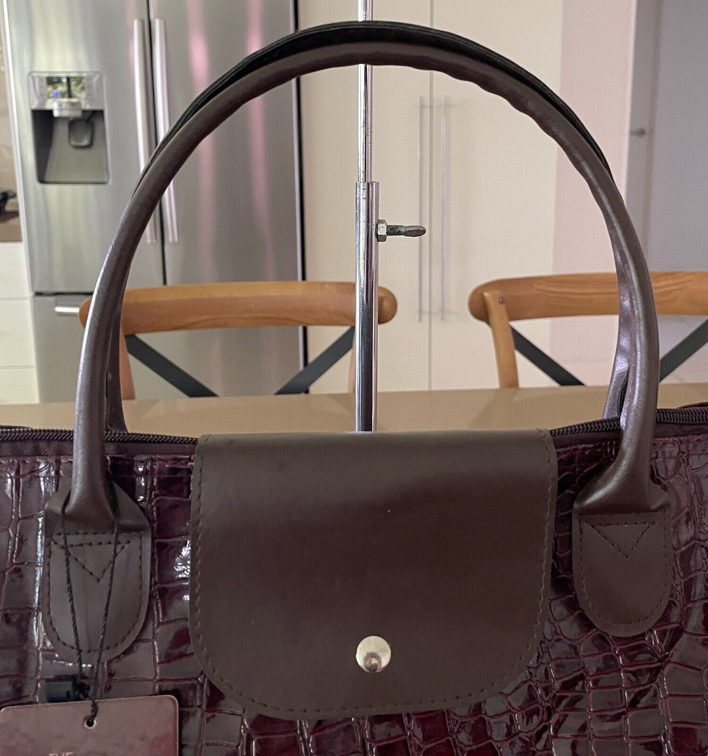 THE ATHENA CARRY ALL Folding Shopping Bag Patent Aubergine Croc Pleather NEW