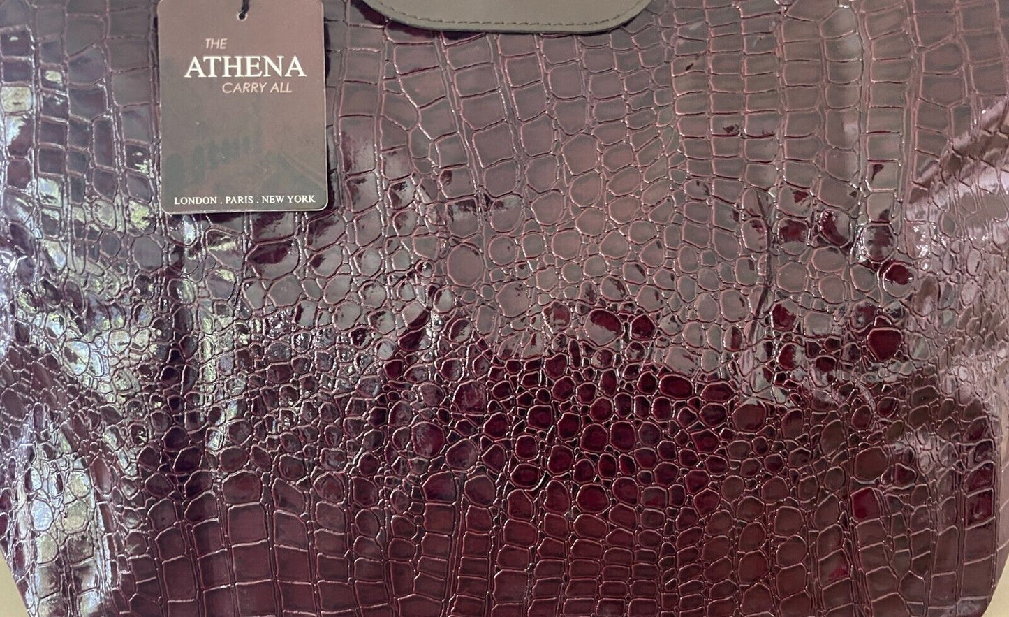 THE ATHENA CARRY ALL Folding Shopping Bag Patent Aubergine Croc Pleather NEW