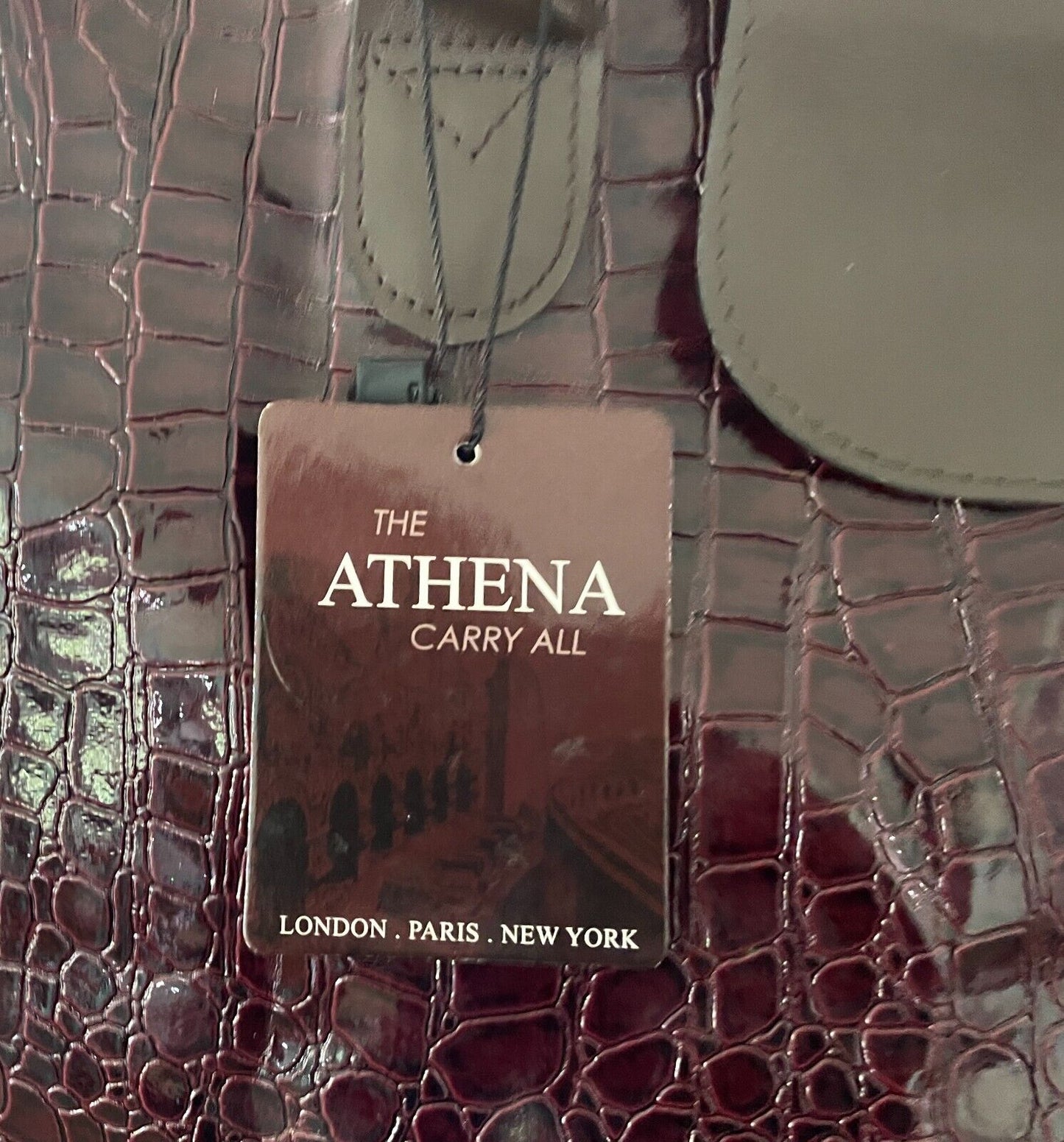 THE ATHENA CARRY ALL Folding Shopping Bag Patent Aubergine Croc Pleather NEW