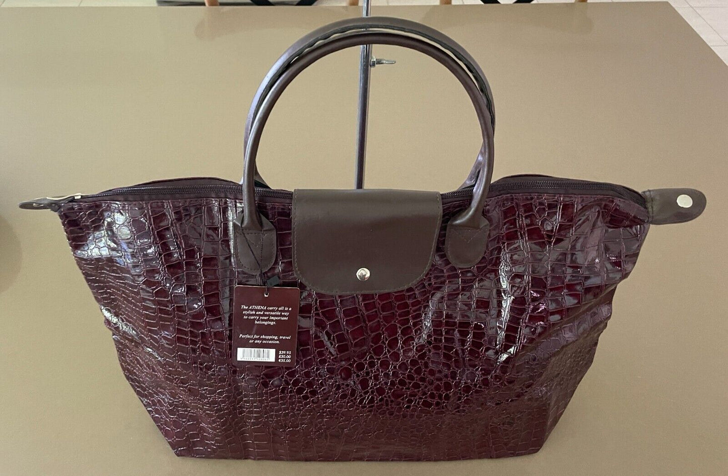 THE ATHENA CARRY ALL Folding Shopping Bag Patent Aubergine Croc Pleather NEW