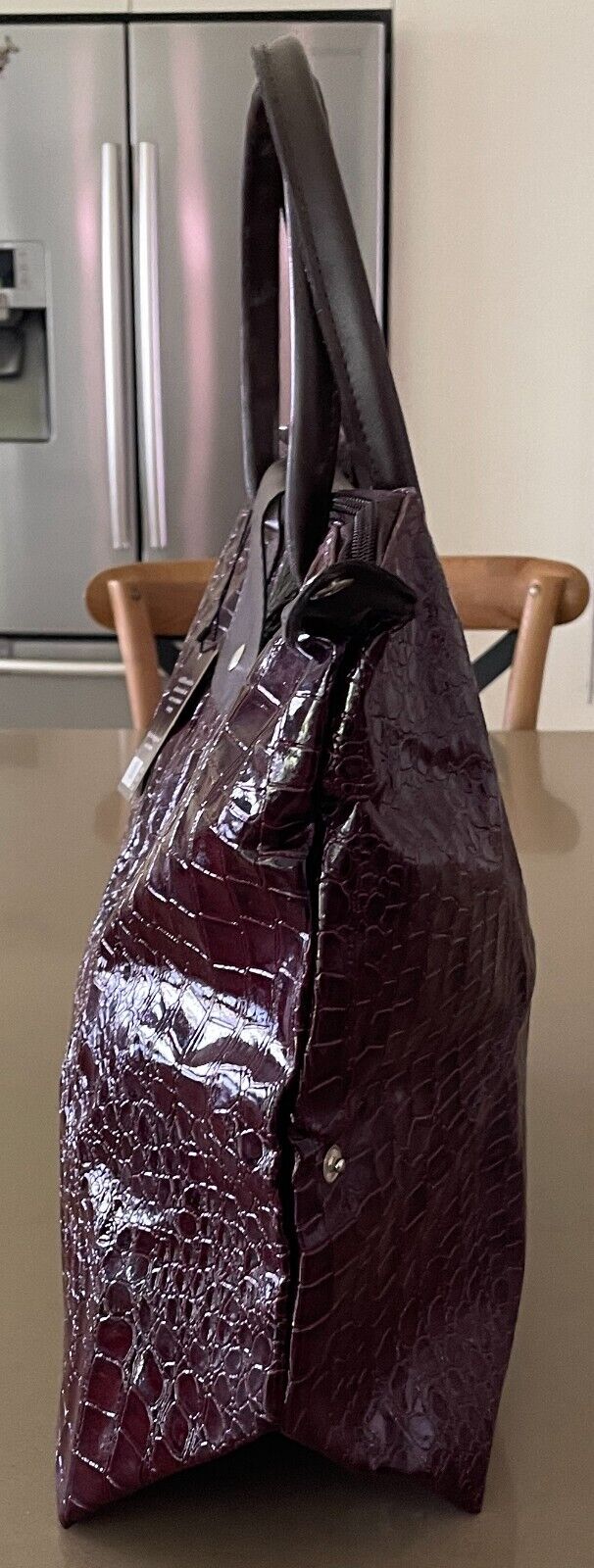 THE ATHENA CARRY ALL Folding Shopping Bag Patent Aubergine Croc Pleather NEW