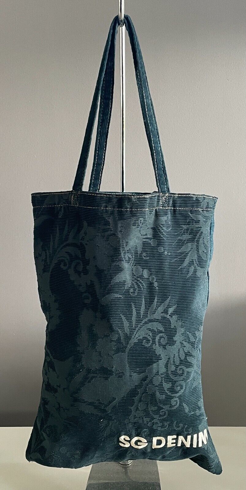 SG DENIM Shoulder Bag Tote Teal Green Cord Brocade Print Shopping Beach HandBag
