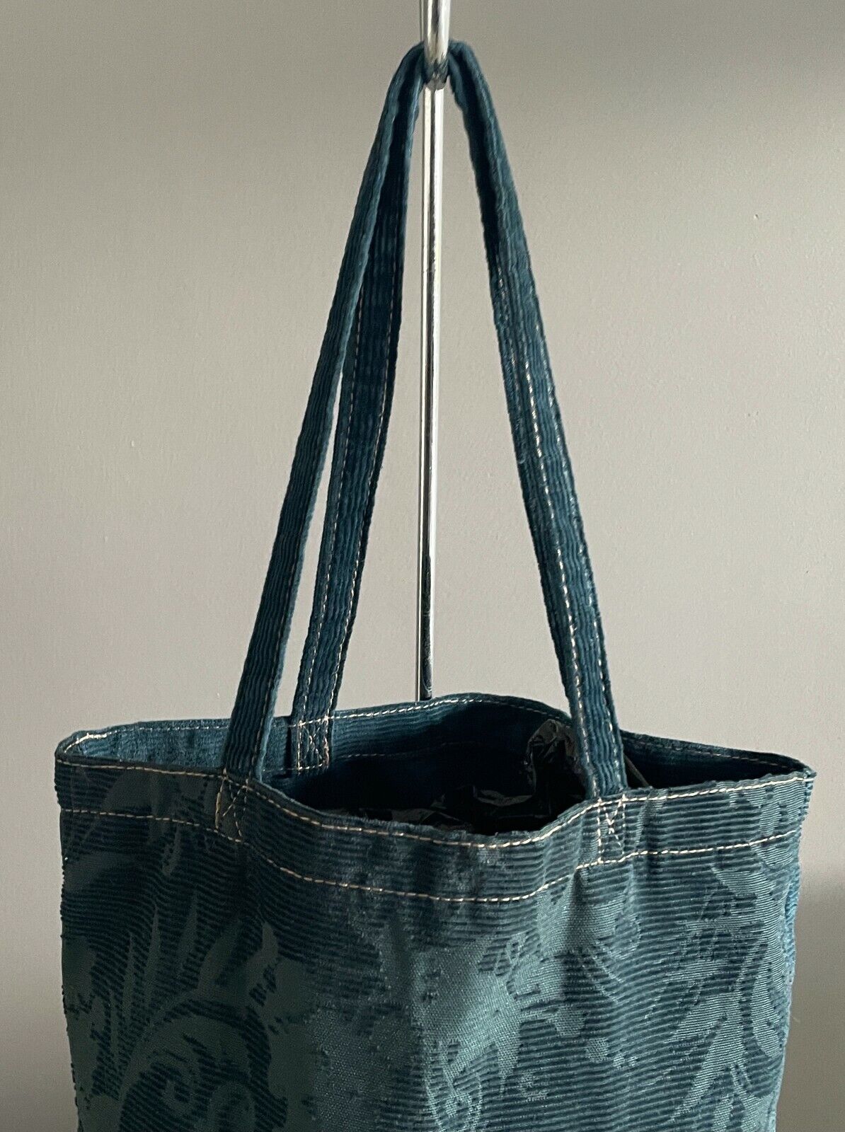 SG DENIM Shoulder Bag Tote Teal Green Cord Brocade Print Shopping Beach HandBag