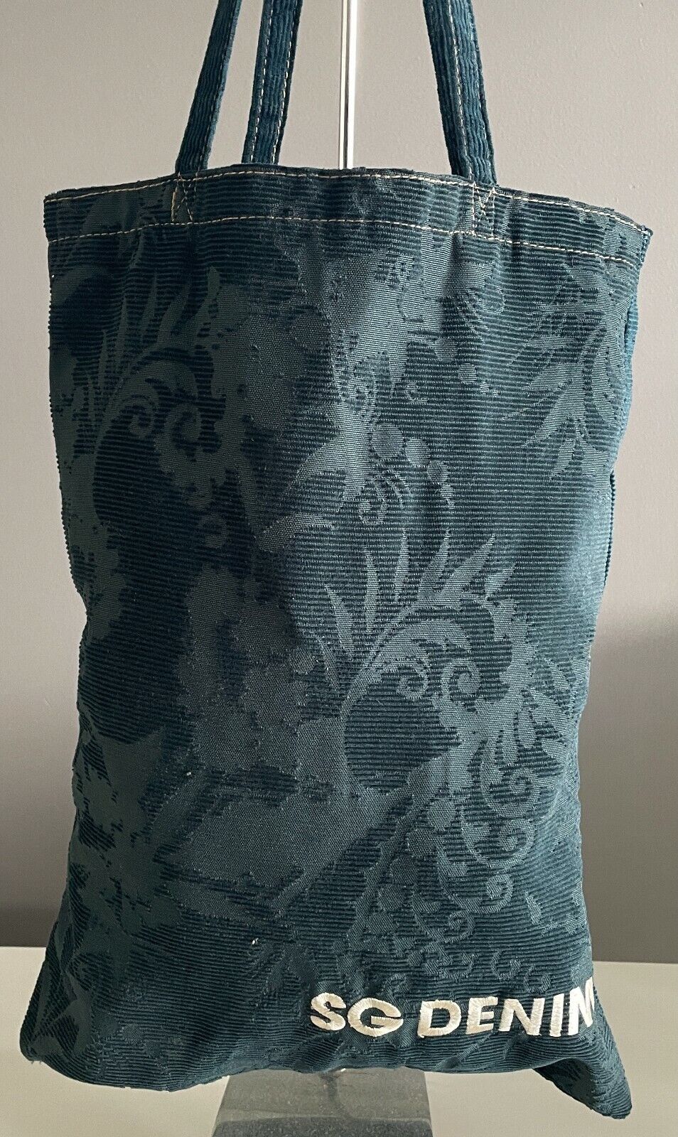 SG DENIM Shoulder Bag Tote Teal Green Cord Brocade Print Shopping Beach HandBag