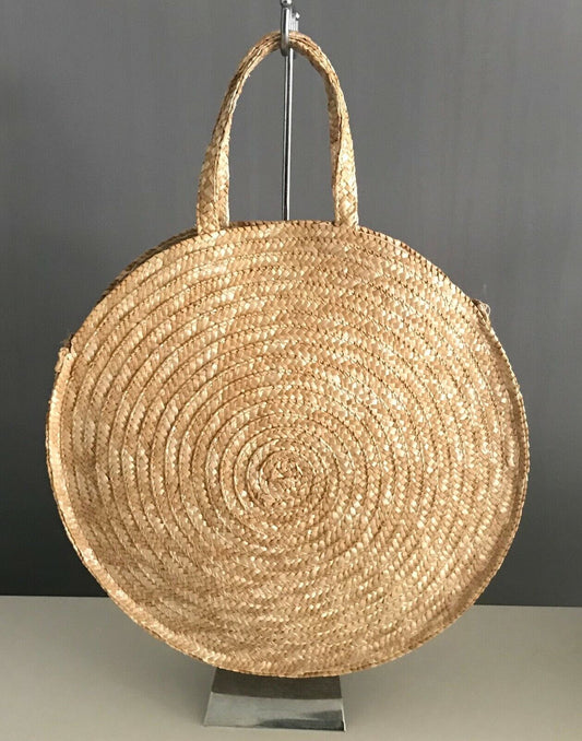Large Round Beach Bag TOTE Natural Colour Boho Rattan Woven Clutch Shopper NEW