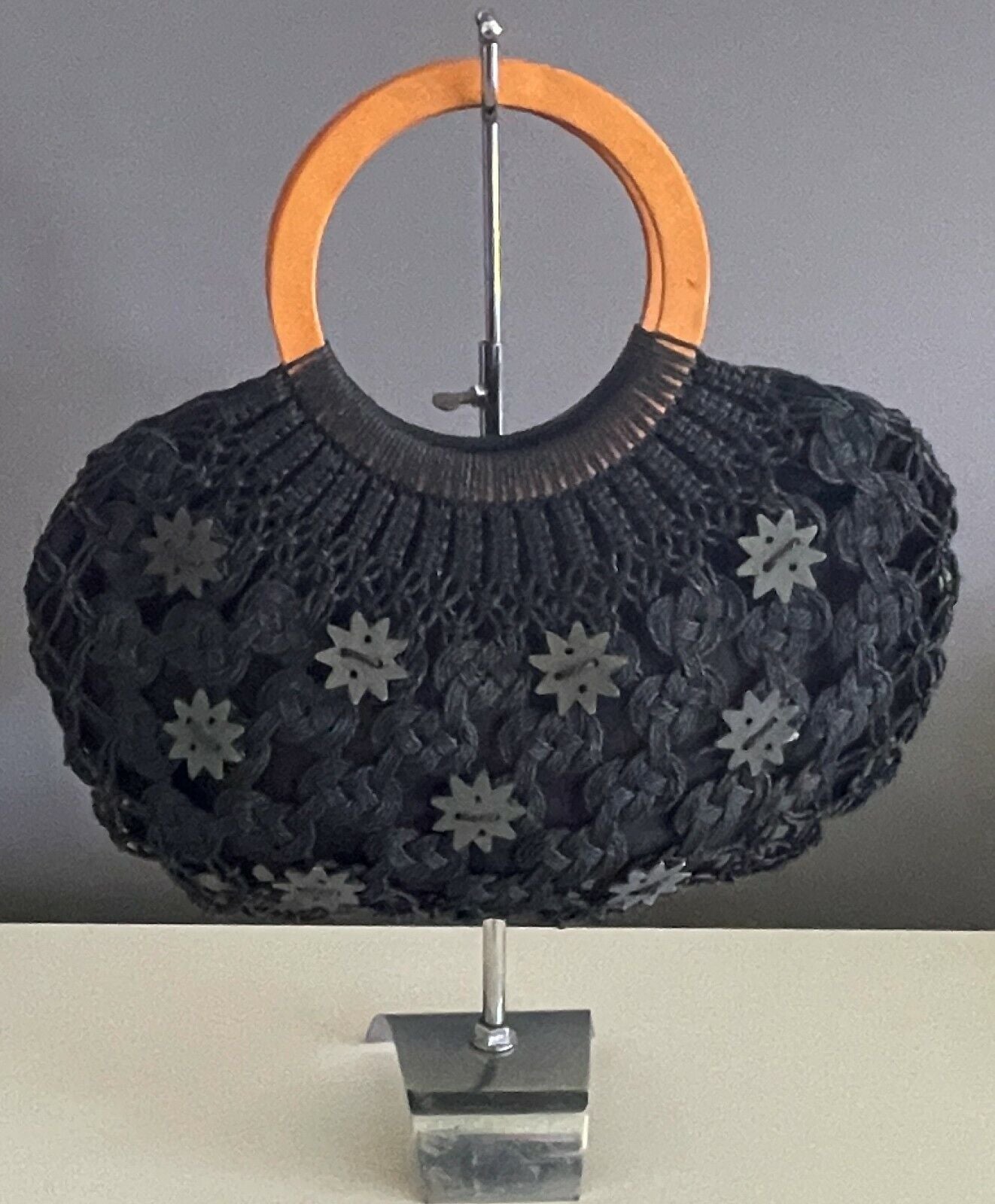 Tote Bag Black Handbag Wood Handle Medium Shopper Woven Cord Lined Star Buttons