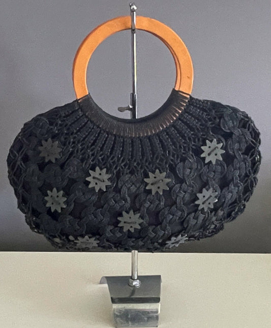Tote Bag Black Handbag Wood Handle Medium Shopper Woven Cord Lined Star Buttons