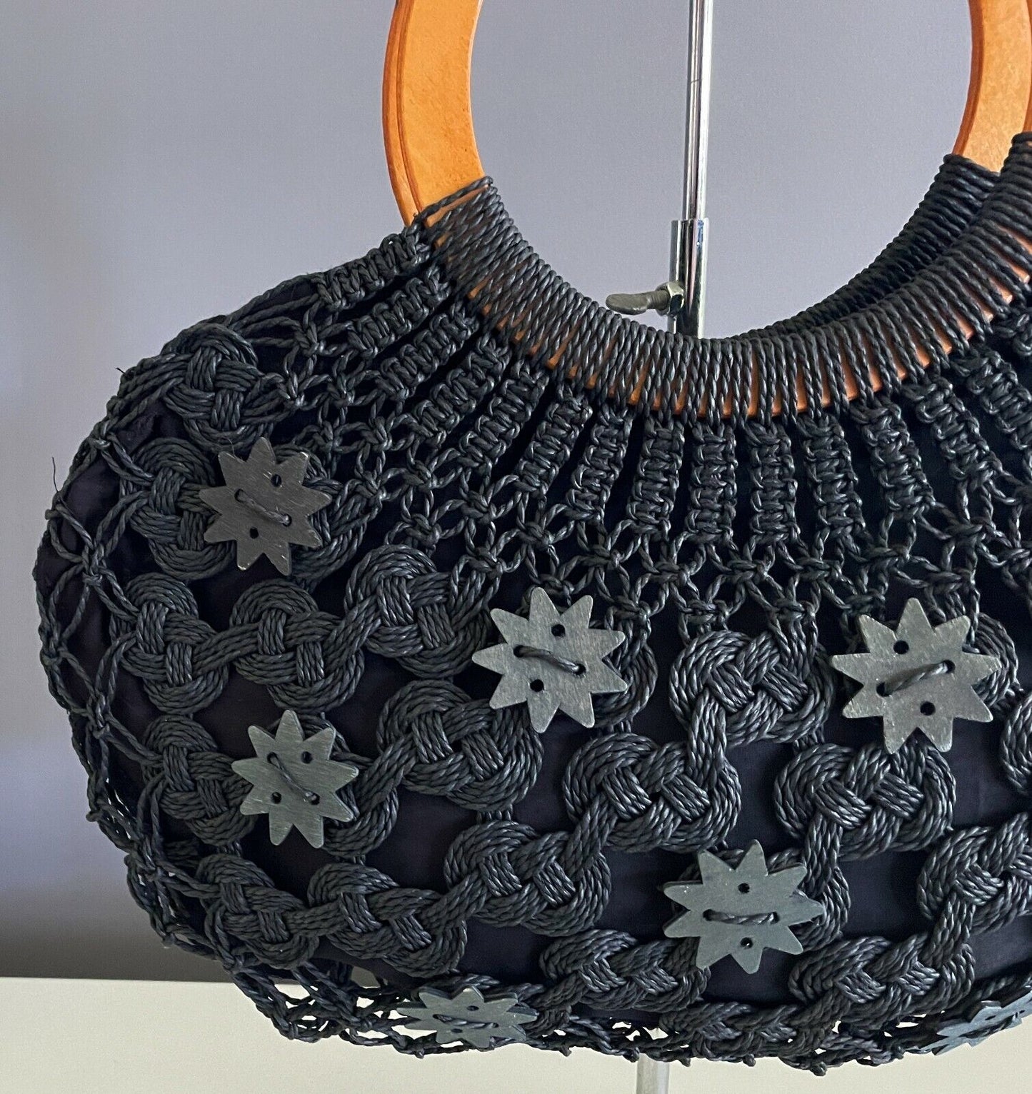 Tote Bag Black Handbag Wood Handle Medium Shopper Woven Cord Lined Star Buttons