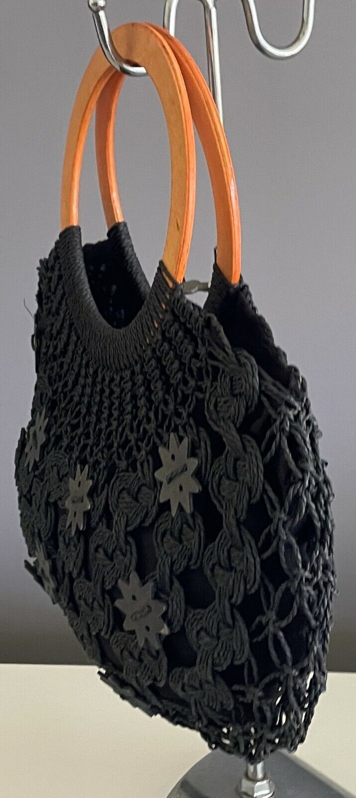 Tote Bag Black Handbag Wood Handle Medium Shopper Woven Cord Lined Star Buttons