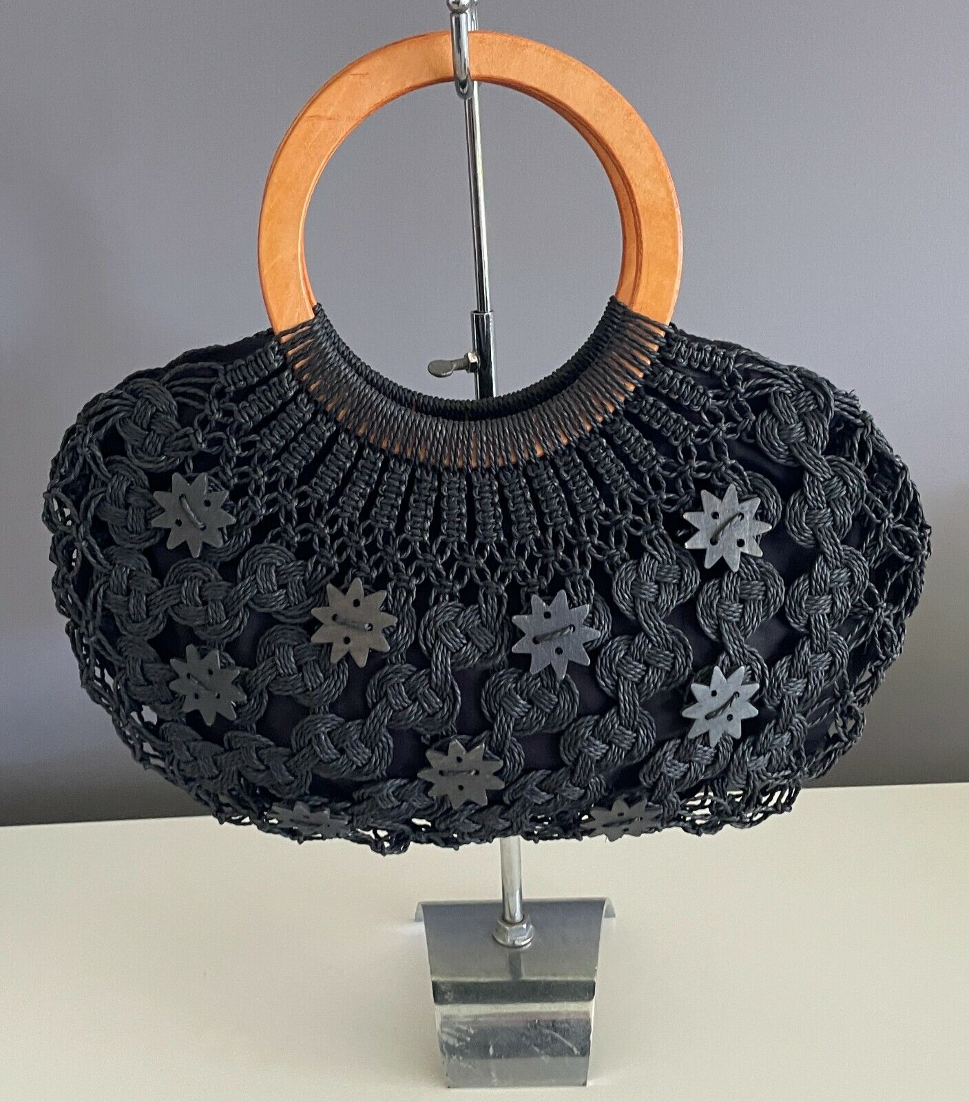 Tote Bag Black Handbag Wood Handle Medium Shopper Woven Cord Lined Star Buttons