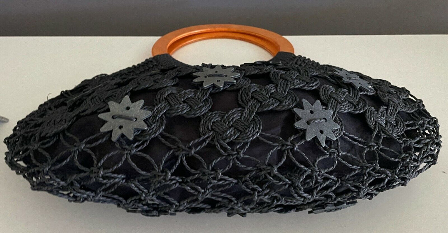 Tote Bag Black Handbag Wood Handle Medium Shopper Woven Cord Lined Star Buttons
