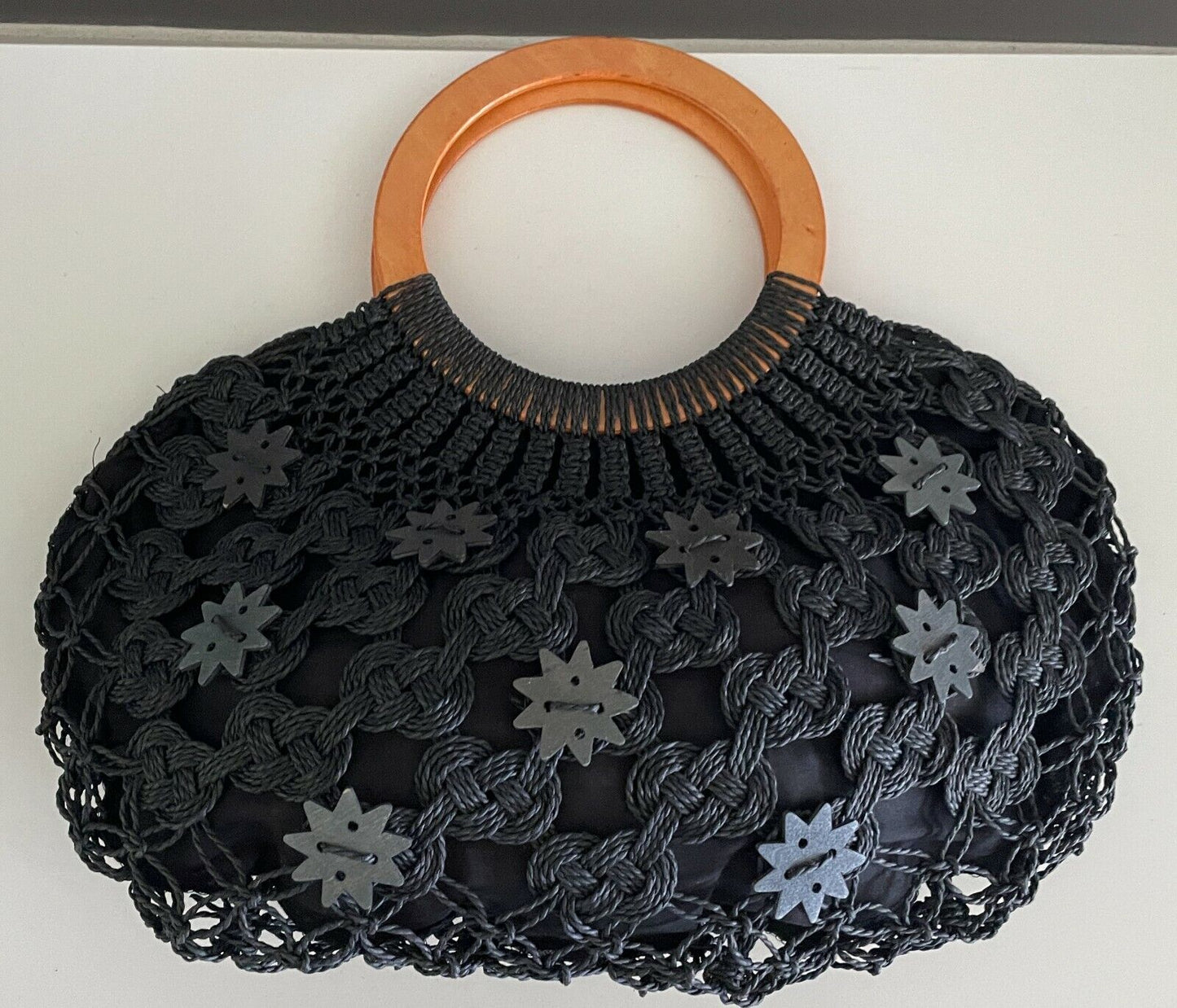 Tote Bag Black Handbag Wood Handle Medium Shopper Woven Cord Lined Star Buttons