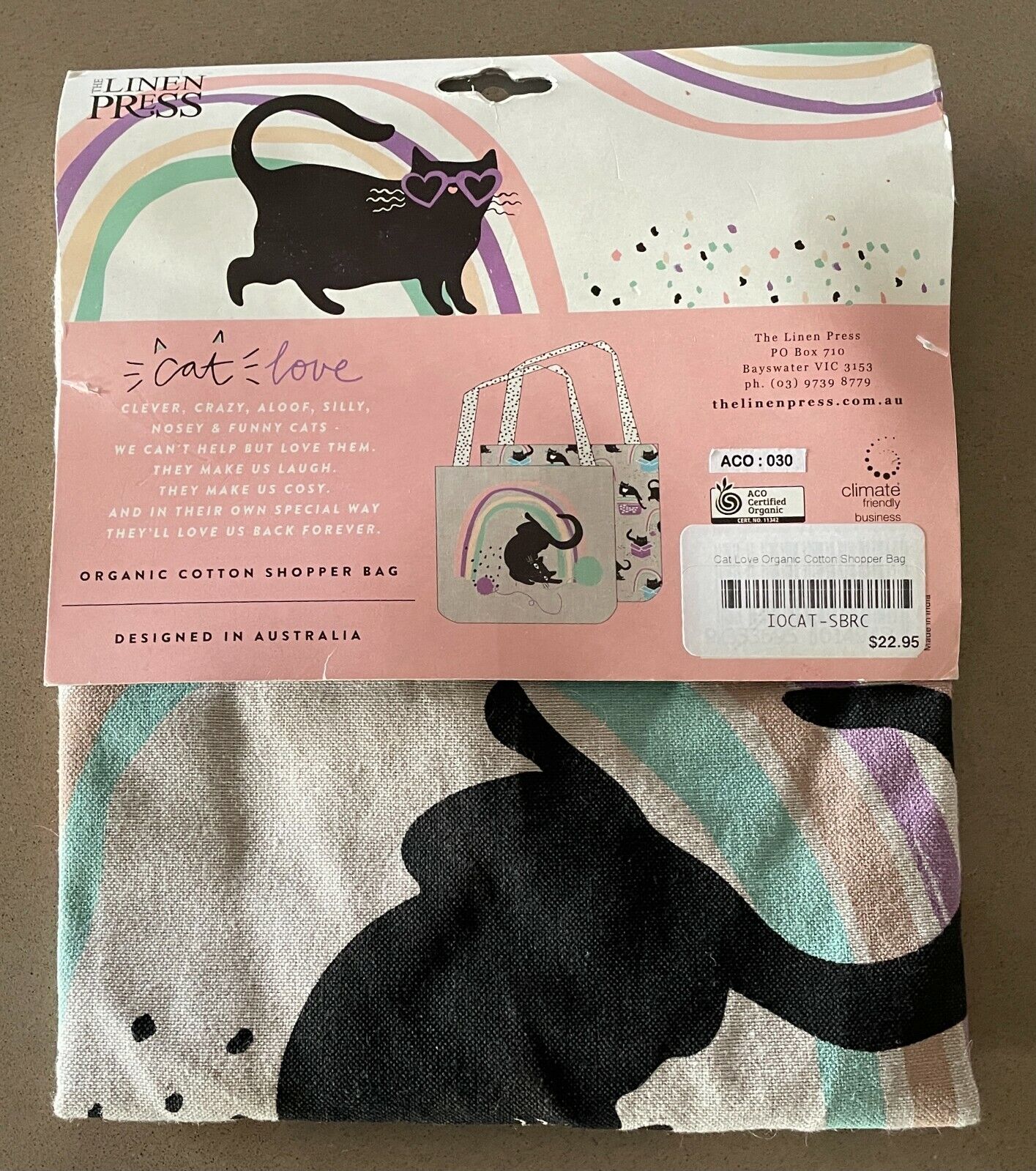 LINEN PRESS "Cat Love" Bag MultiColoured Print Organic Cotton Tote Shopper NEW