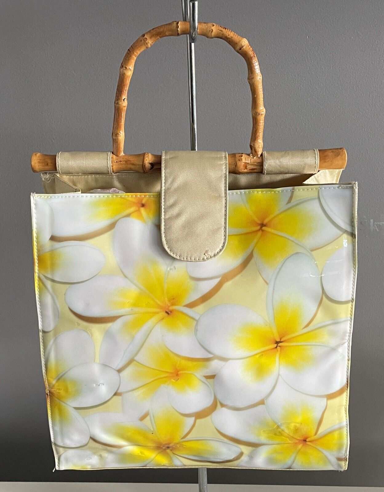 SUJA DESIGN Tote Bag Frangipani Print PVC w Cane Handle Rectangle Shape Unique