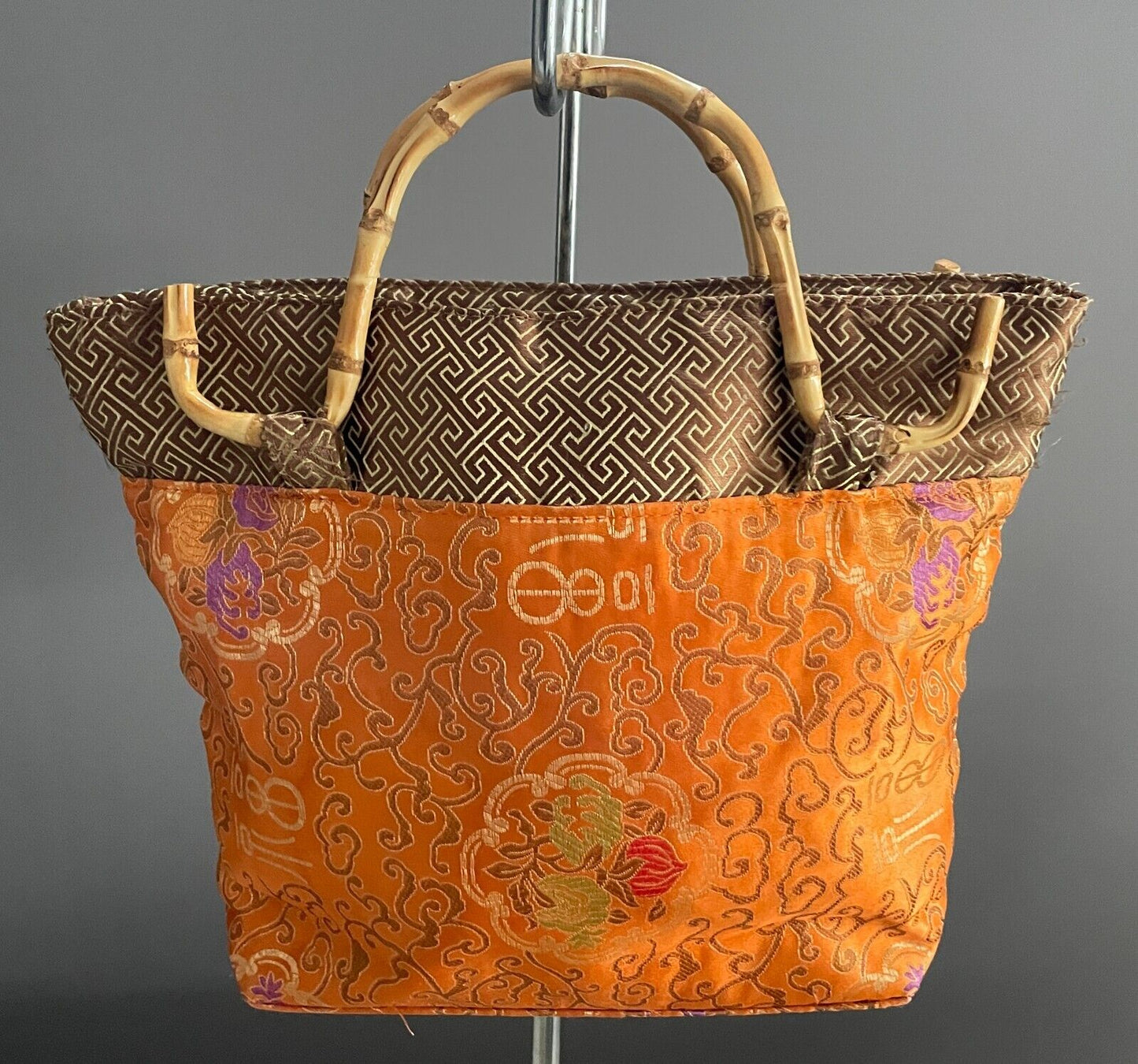 Tote Bag Chinese Oriental Orange Gold Purple Green Red Bamboo Cane Handles nNEW