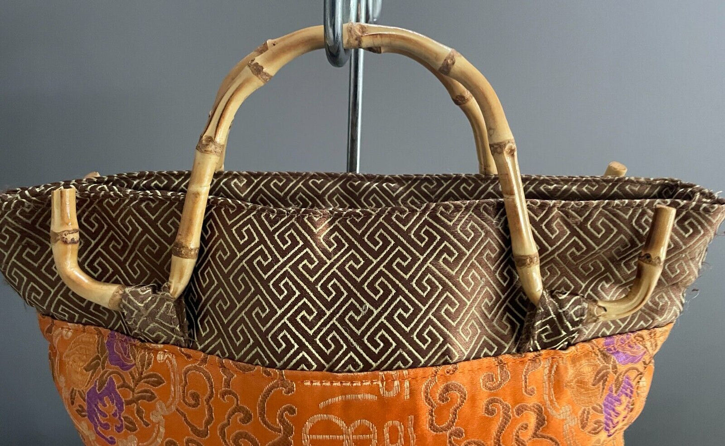 Tote Bag Chinese Oriental Orange Gold Purple Green Red Bamboo Cane Handles nNEW