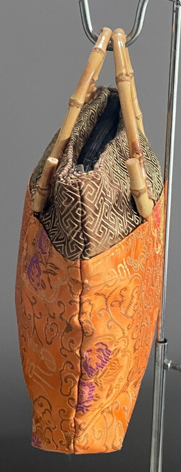 Tote Bag Chinese Oriental Orange Gold Purple Green Red Bamboo Cane Handles nNEW