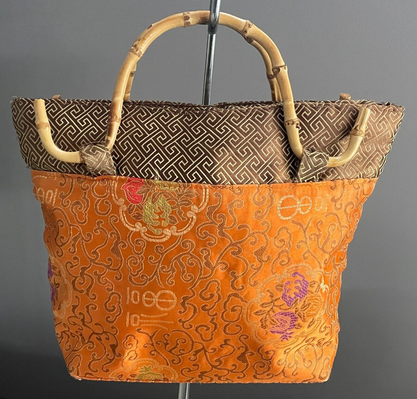 Tote Bag Chinese Oriental Orange Gold Purple Green Red Bamboo Cane Handles nNEW